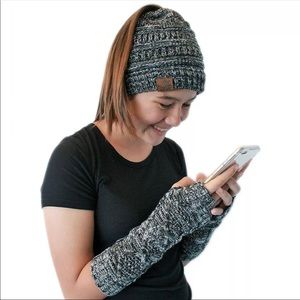 Ponytail Beanie and Arm Warmer - gray